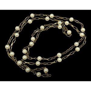 Vintage EsMor Gold Tone Faux Pearl Paperclip Chain Necklace